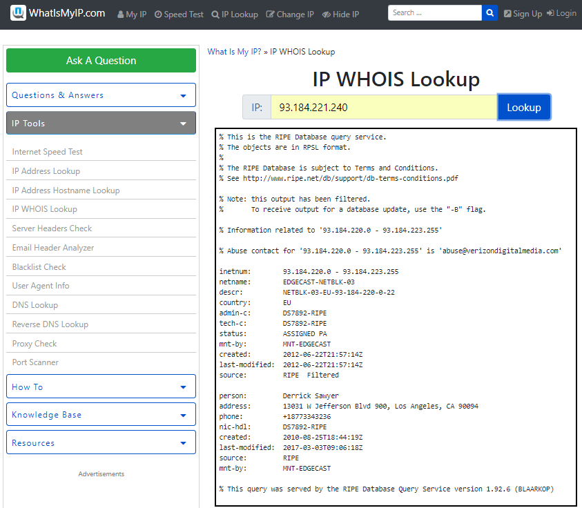 A WHOIS query shows the owner of the IP address