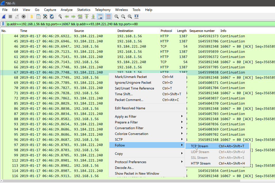 Following TCP Stream from Wireshark