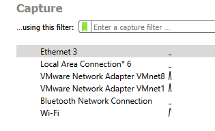 Wireshark shows all local interfaces and indicates which interfaces are active